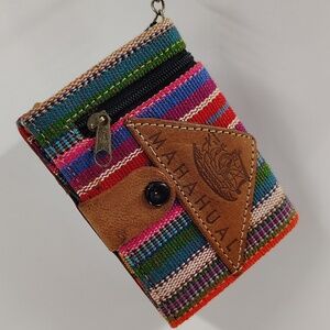 Mahahual Stitched & Leather Striped Small Coin Wallet Key Holder